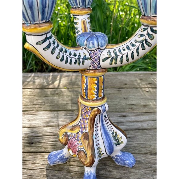 Vintage Hand Painted Portugal 3 Arm Candelabra Candle Stick Holder - Picture 13 of 16